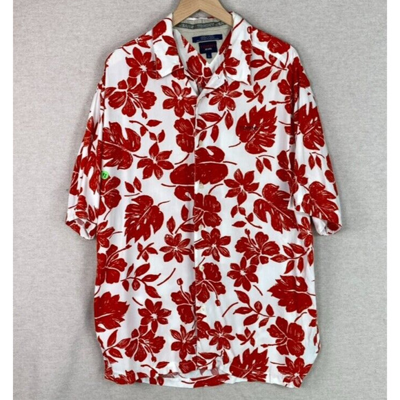 Vintage Tommy Hilfiger Mens Button Up Hawaiian Shirt Size L Tropical Red Floral - Picture 1 of 9